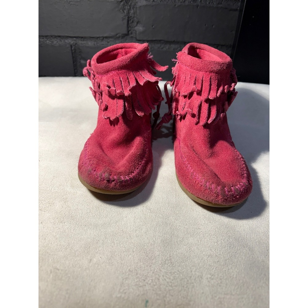 Minnetonka Ankle Boot Girls 11 Pink Suede Fringe Moccasin Side Zip 2295